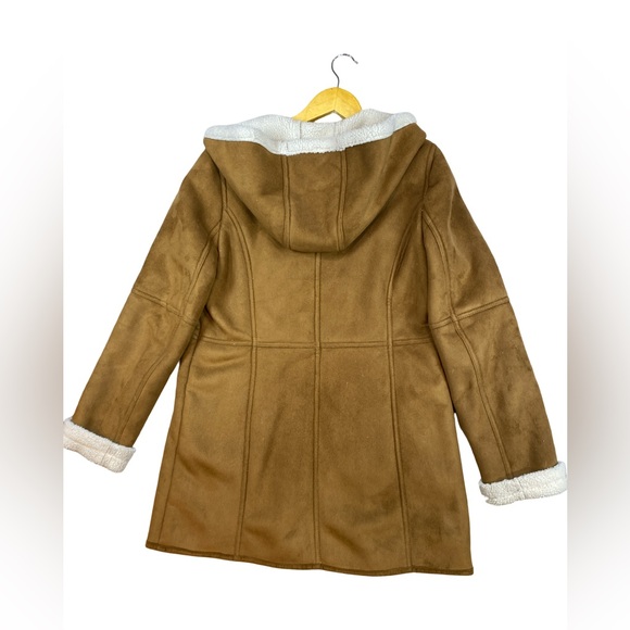 Land’s End Sherpa Lined Faux Suede Coat Women’s Tan Brown Hooded Long - Picture 3 of 11